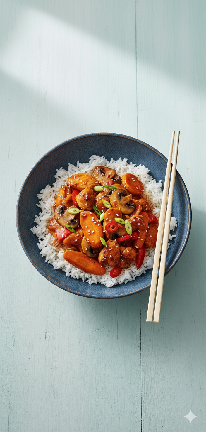 Sliced seared chicken breast served with crispy golden potatoes and a side of pickled cucumbers.