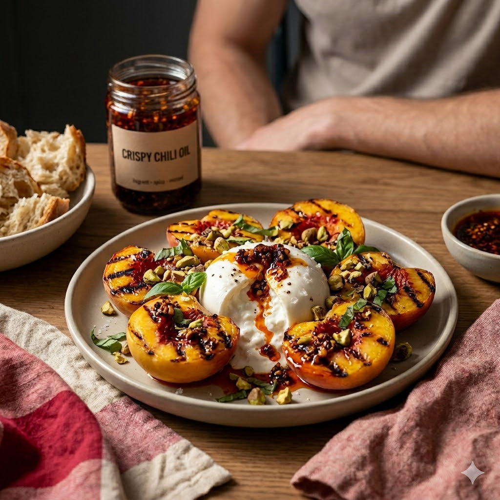 Grilled Peach & Burrata with Crispy Chili Oil